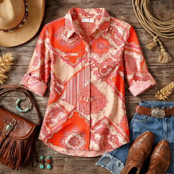 Van Heusen Patchwork Paisley Button Front Shirt XL Red Pink Cotton - Picture 2 of 14